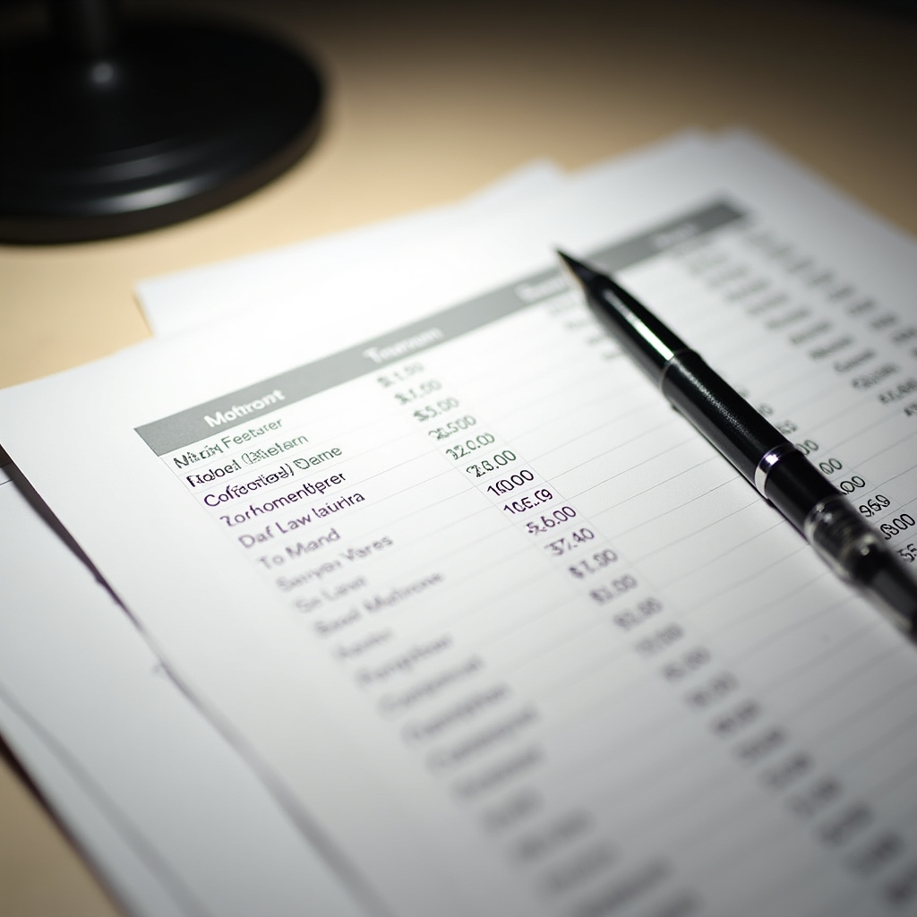 Close-up of a printed bank statement on a desk, pen resting nearby, selective focus on transaction rows