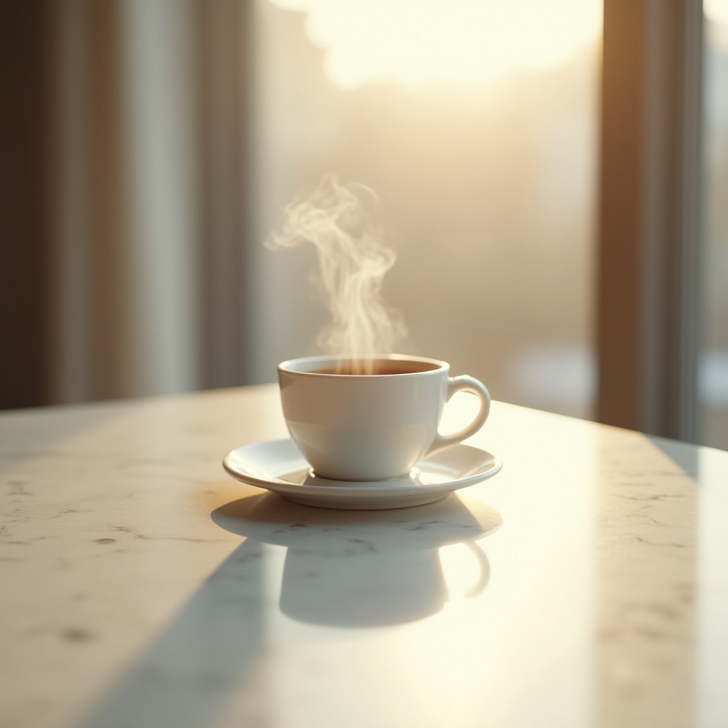 Single espresso cup on a marble surface near a window, natural morning light, shallow depth of field, warm tones