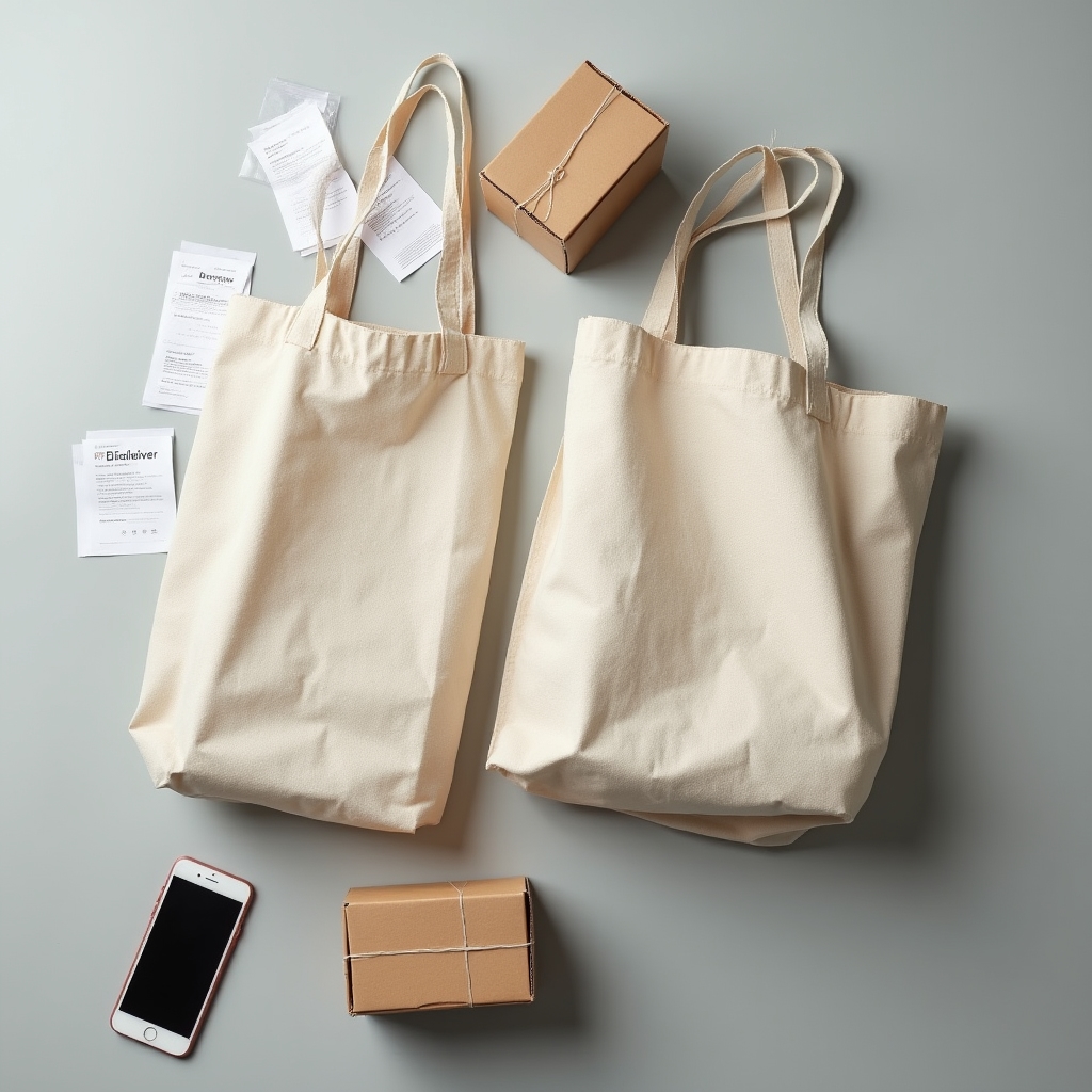 Reusable shopping bags on a kitchen counter with delivery receipts visible, overhead shot, neutral palette
