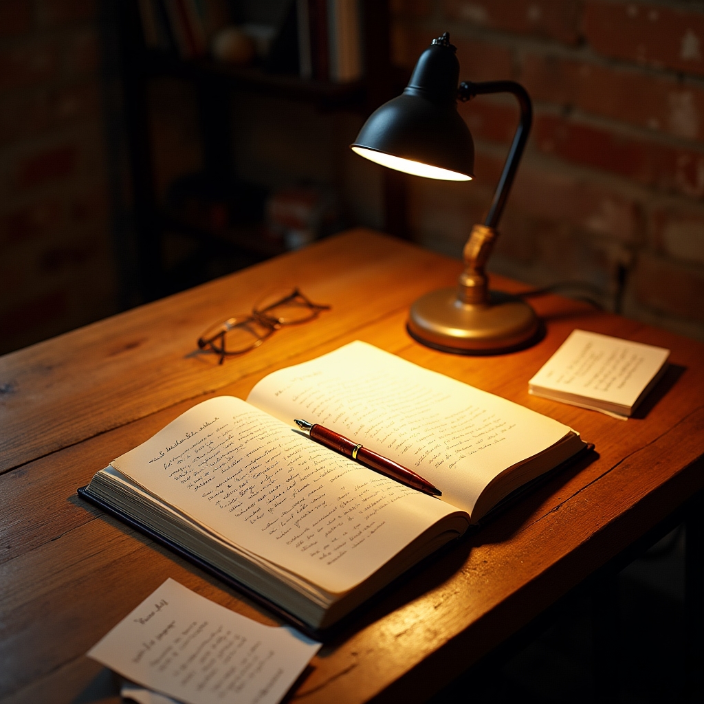 Wooden writing desk with open journal, fountain pen, and scattered handwritten notes, warm directional lamp light, editorial atmosphere