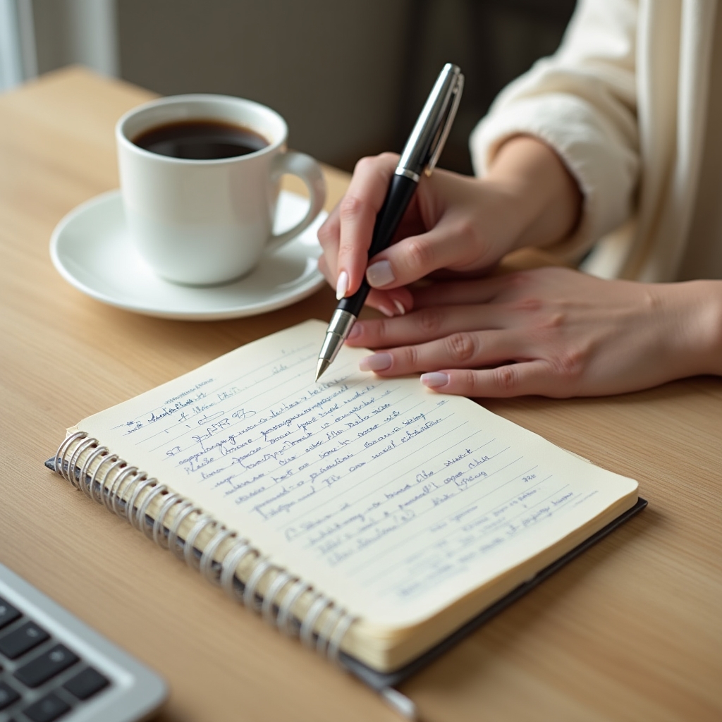 Open notebook beside a morning coffee on a wooden desk, warm light, contemplative atmosphere