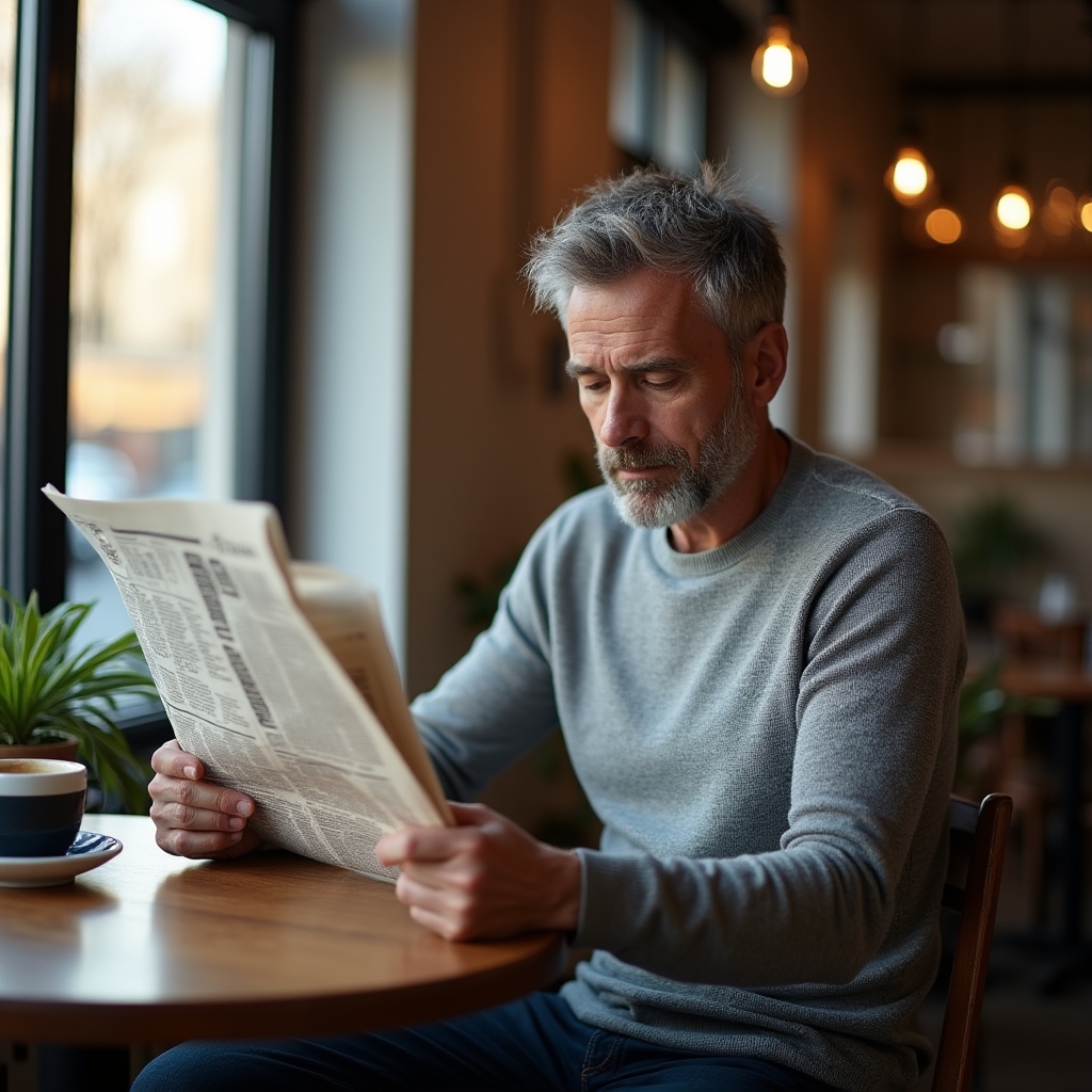 Person reading a broadsheet newspaper financial section at a cafe table, selective focus on the newsprint text, morning light, contemplative mood