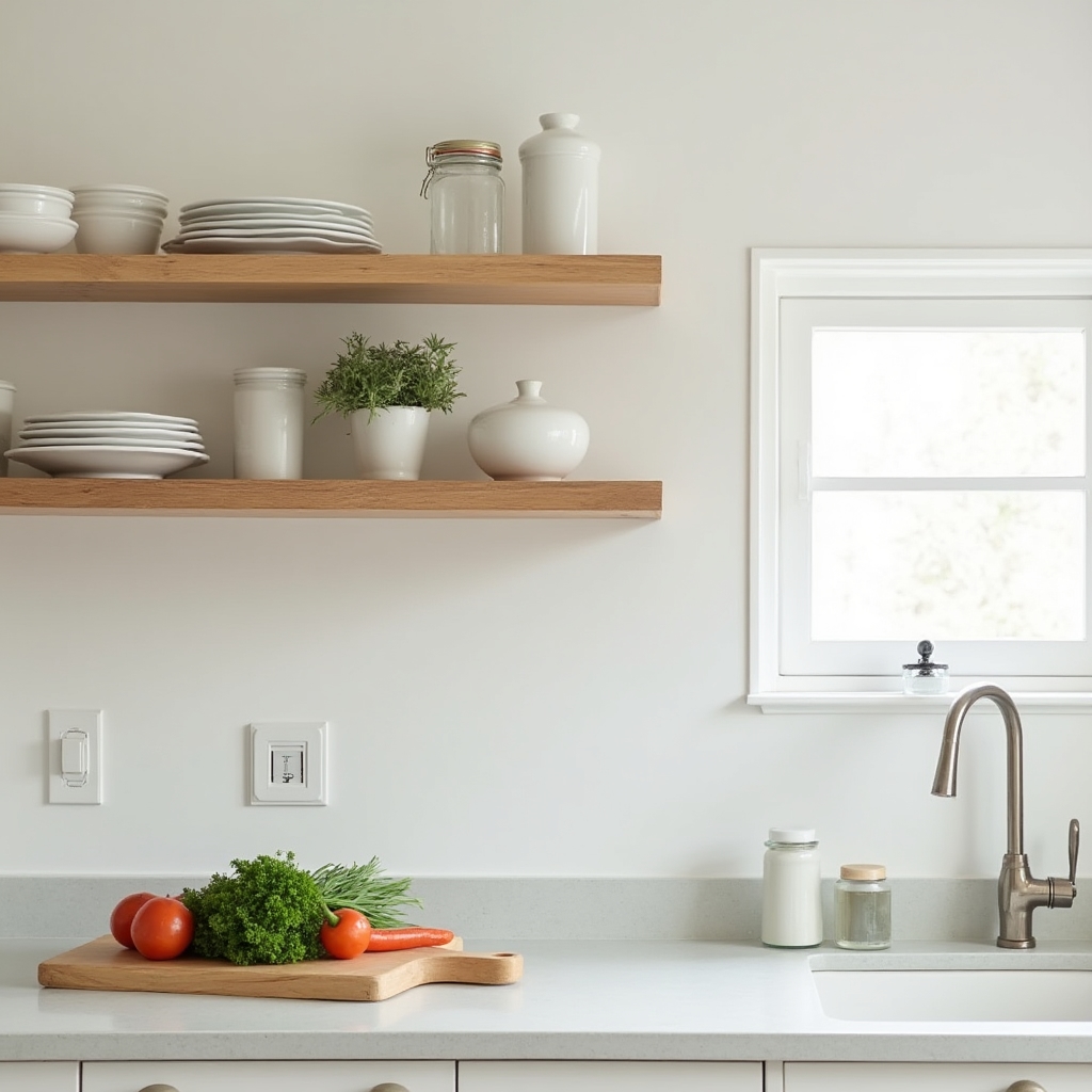 Minimalist kitchen with open shelving, ceramic dishes, fresh produce on a wooden board, soft natural daylight, calm domestic atmosphere