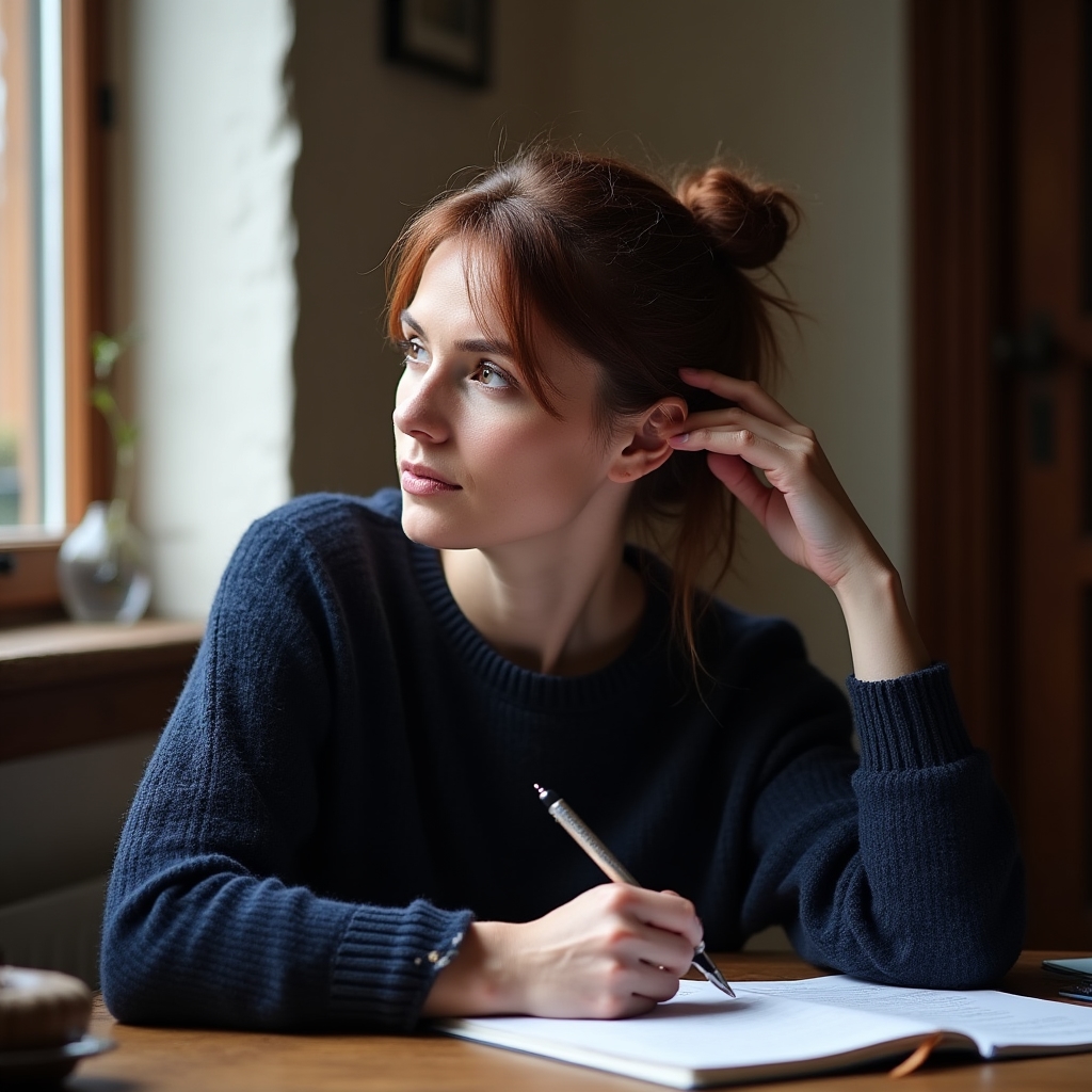Woman in her late thirties sitting at a wooden desk with papers spread out, looking thoughtfully out a window, natural light, editorial composition